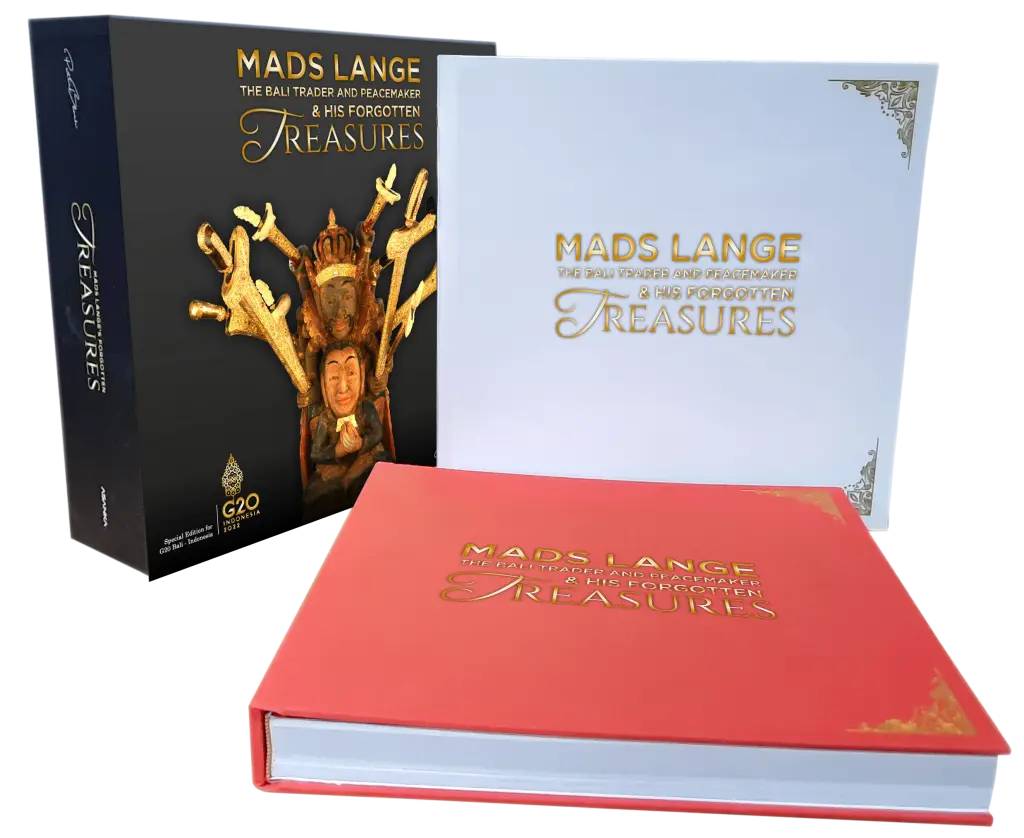 Book set titled 'Mads Lange: The Bali Trader and Peacemaker & His Forgotten Treasures' displayed in black slipcase, white, and red cover versions.