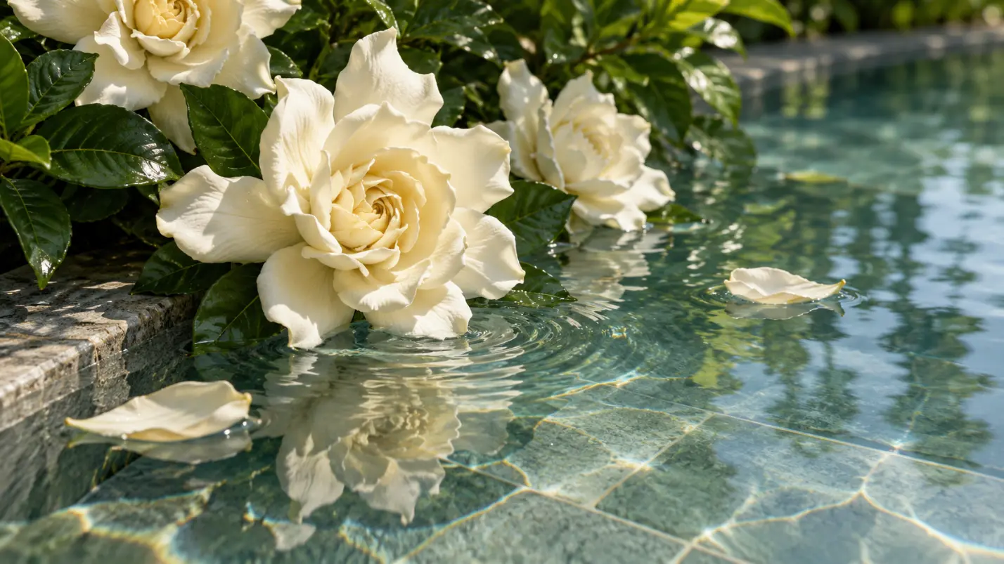 Gardenia flower close up visual in swimming pool tanah merah bali art resort